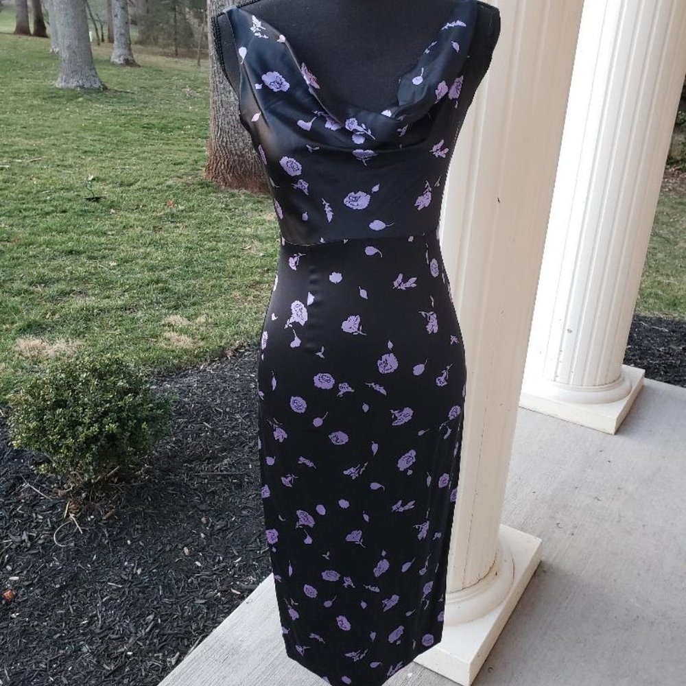 Vintage 2003 Miguelina Silk Floral Cowl Neck Cocktail Dress Small